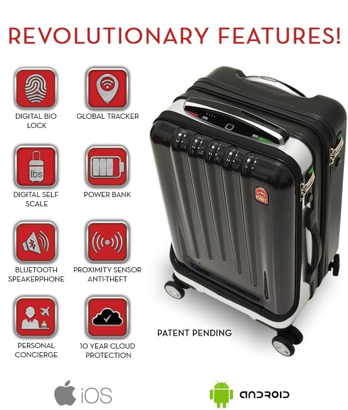 smart luggage by jey&em includes bluetooth trackers and a power bank